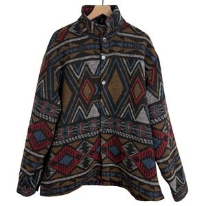 Forever 21 Men Southwestern Aztec Geometric Button Up Jacket Brown Blue XL